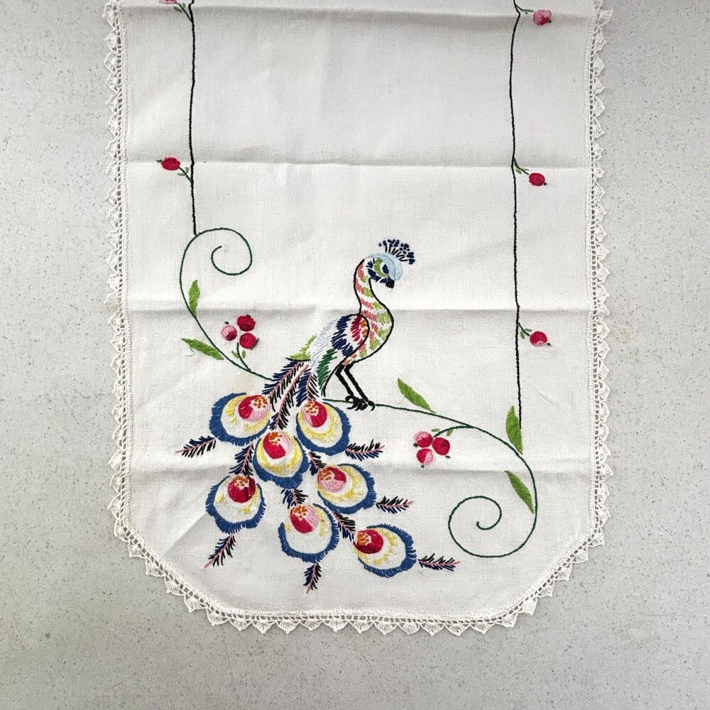 Cottagecore Embroidered Peacock Dresser Scarf Table Runner Vintage 50s Heirloom